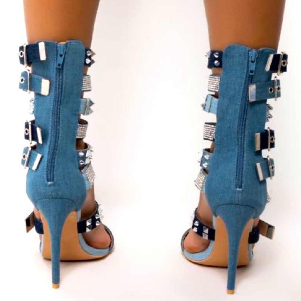 Azalea Wang Rhinestone Denim Open Toe Stiletto High Heel Gladiator Sanda… - Picture 2 of 4
